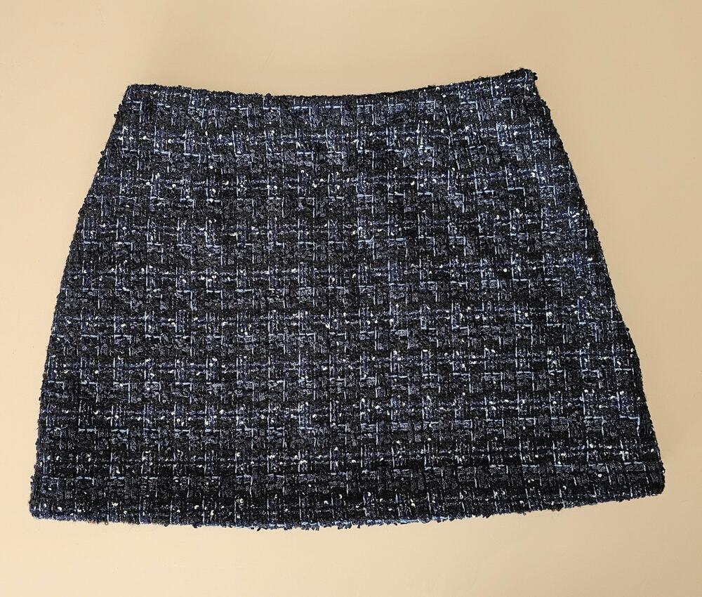 HILL HOUSE Women's Black/Blue Wool Alpaca Blend The Hallie Tweed Mini Skirt L